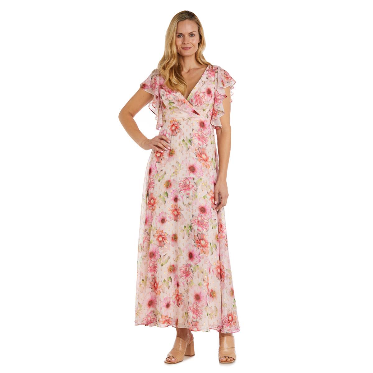 Petite R&M Richards Long Floral Flutter Sleeve Gown