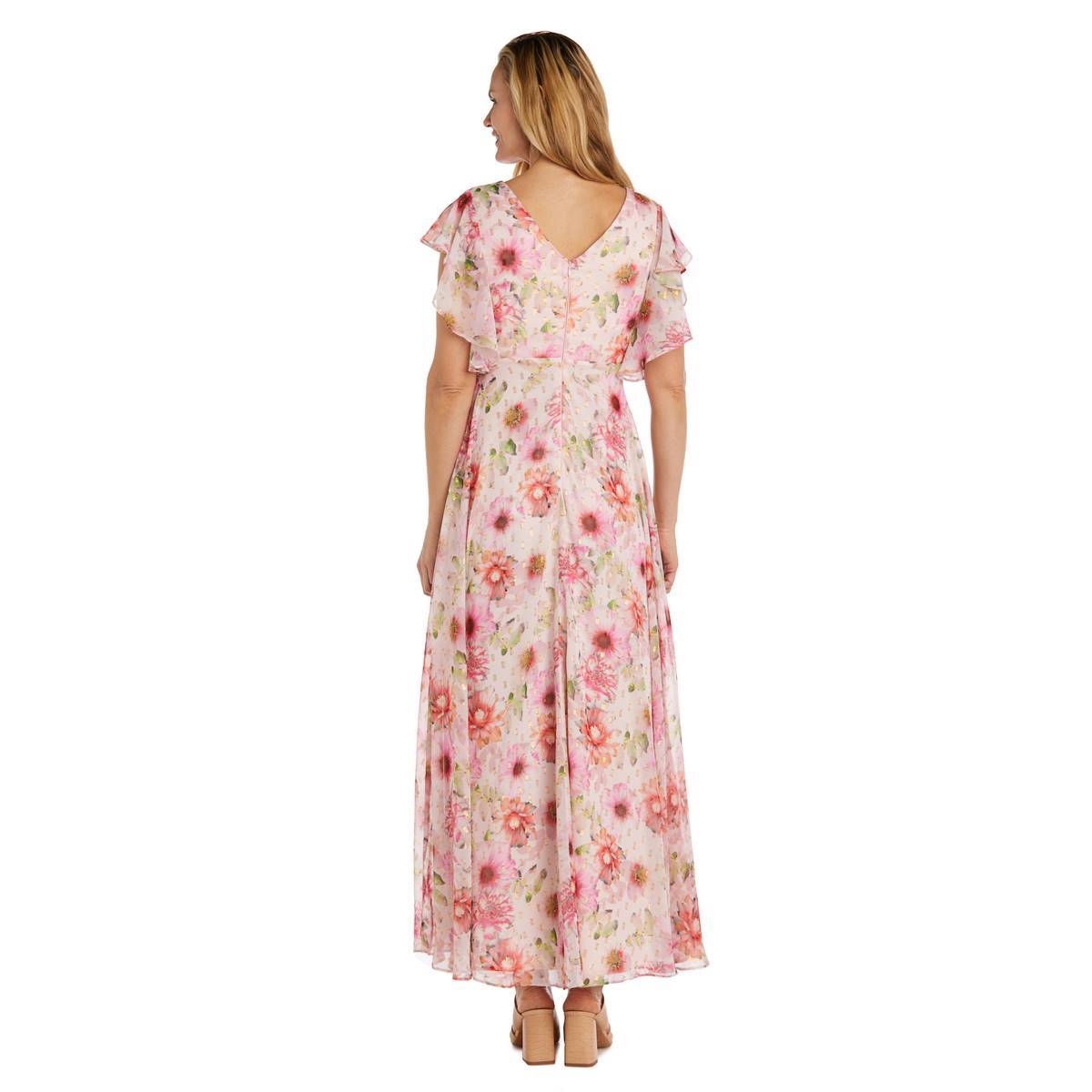 Petite R&M Richards Long Floral Flutter Sleeve Gown