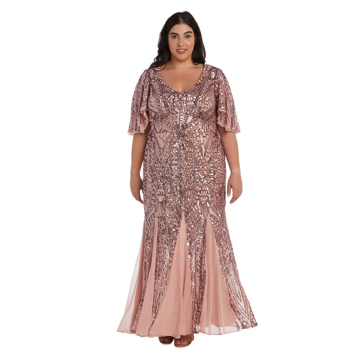 Plus Size R&M Richards 3/4 Flutter Sleeve Sequin A-Line Gown