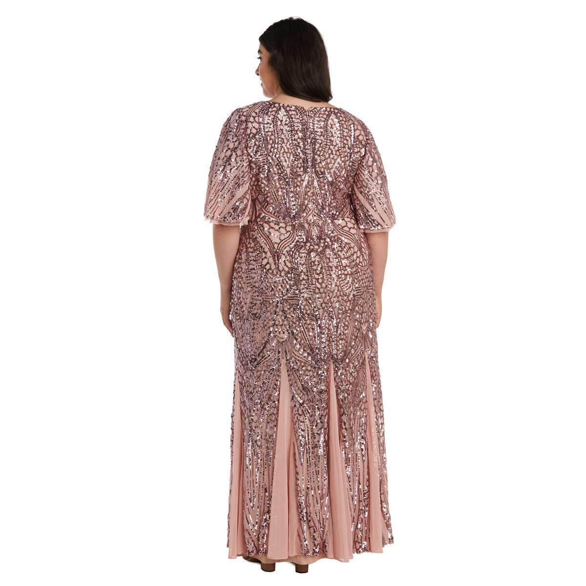 Plus Size R&M Richards 3/4 Flutter Sleeve Sequin A-Line Gown