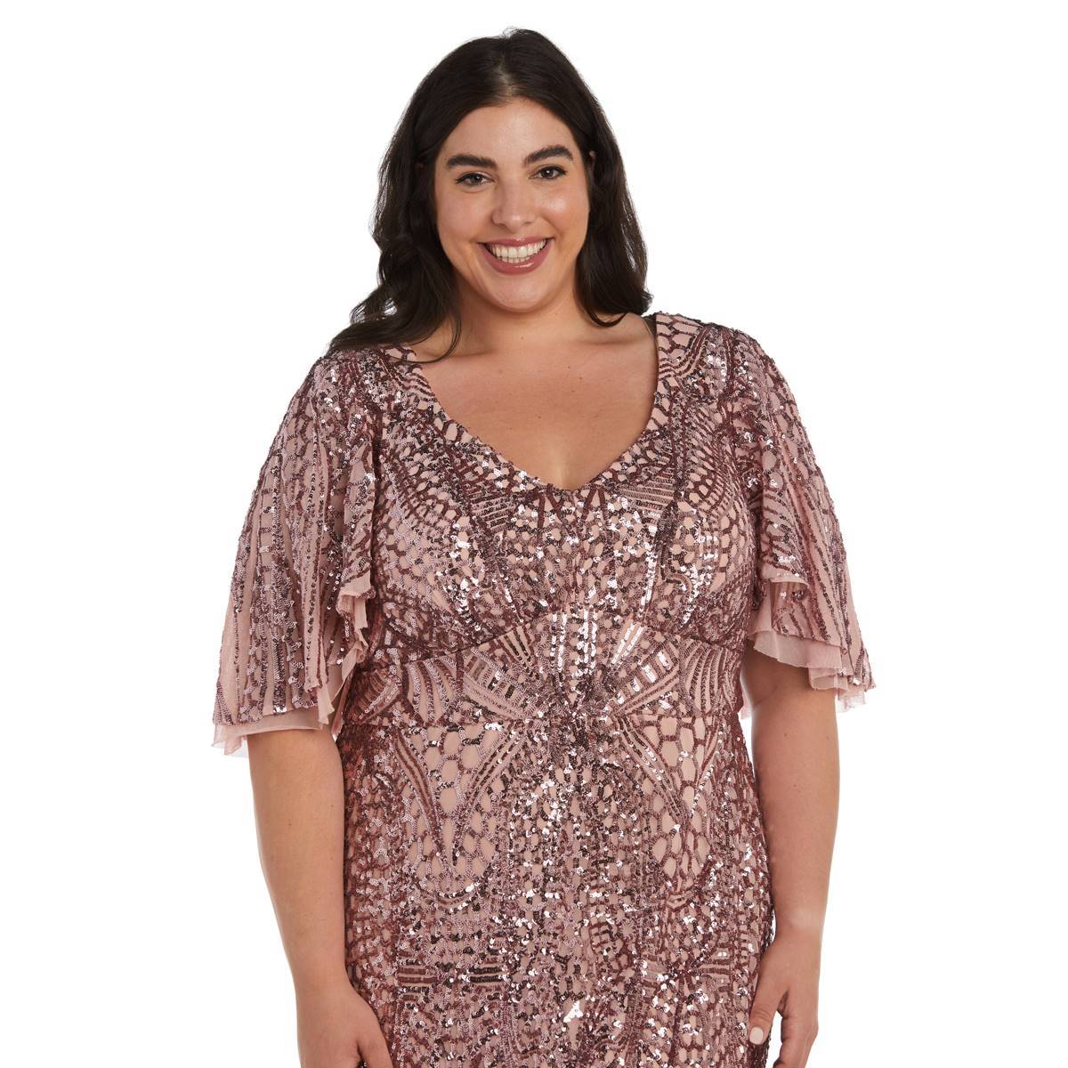 Plus Size R&M Richards 3/4 Flutter Sleeve Sequin A-Line Gown