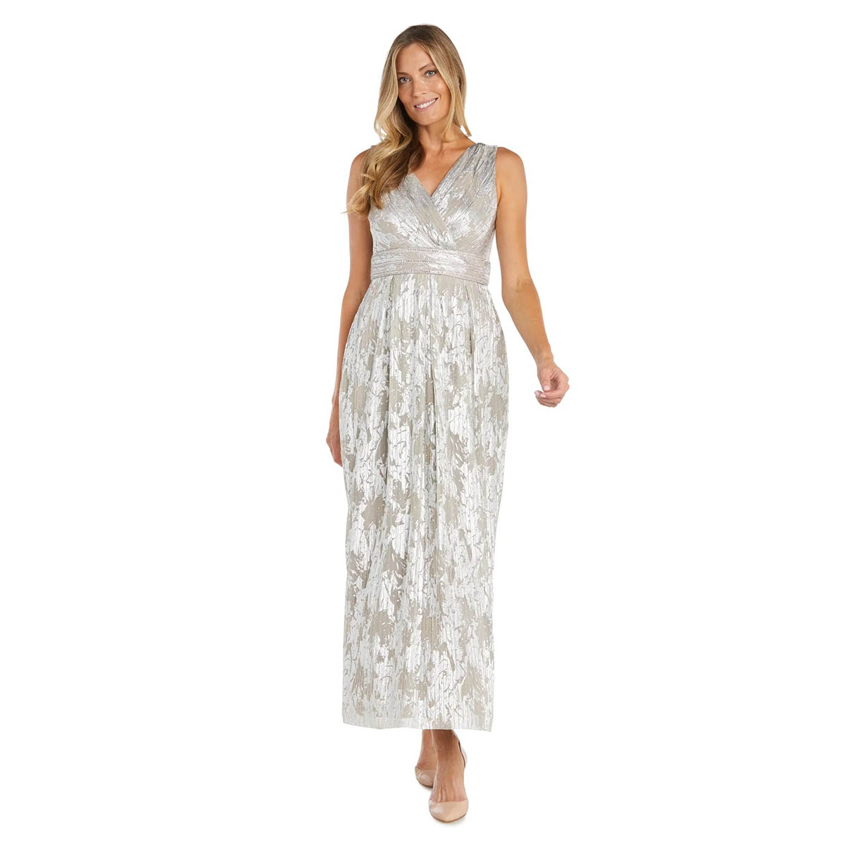 Petite R&M Richards Sleeveless Surplus Foil Gown