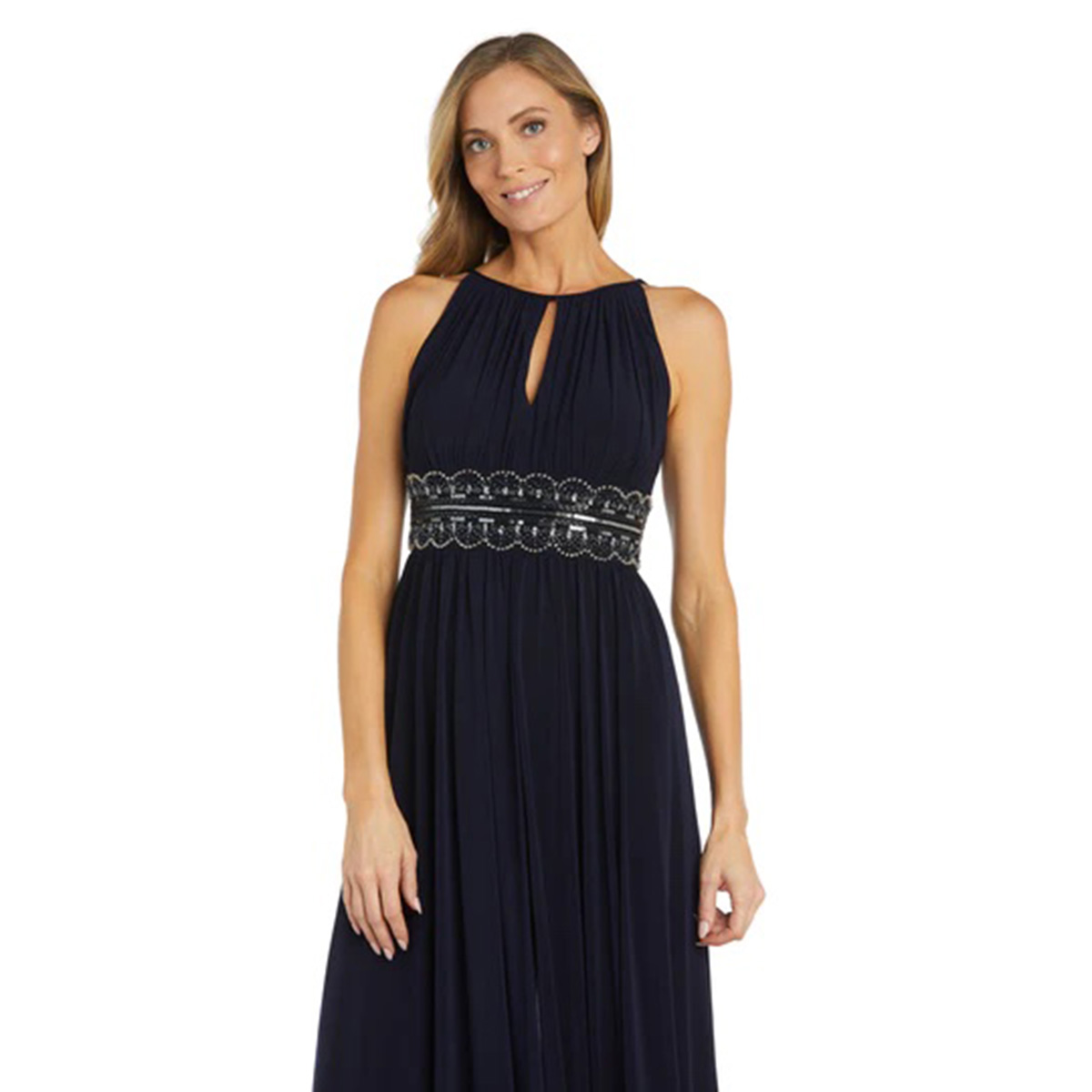 Petites R&M Richards Sleeveless Solid Rhinestone Waist Maxi Dress