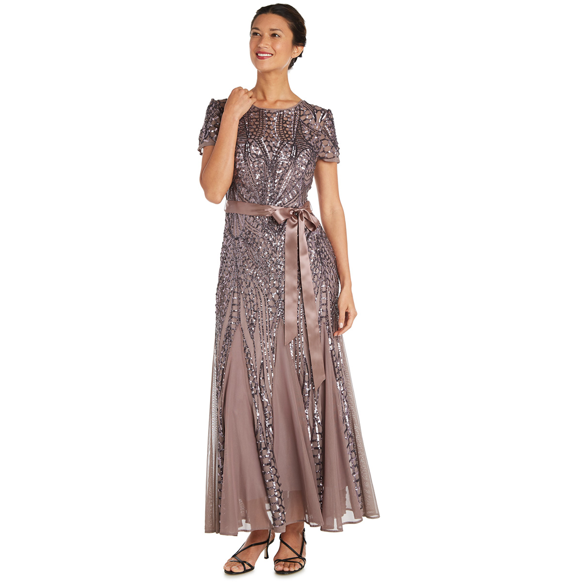 Petites R&M Richards Short Sleeve Lace Sequin Belted Evening Gown