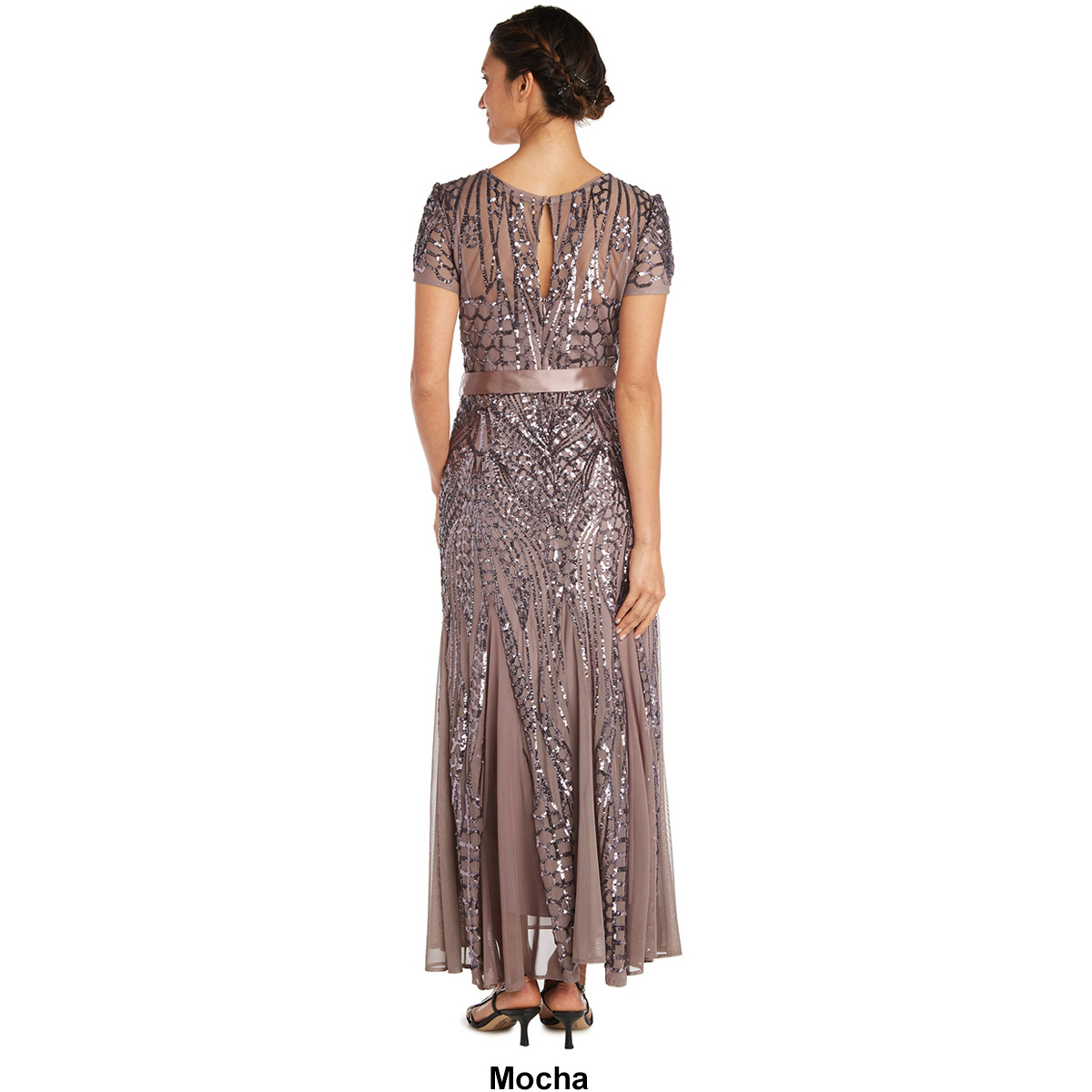 Petites R&M Richards Short Sleeve Lace Sequin Belted Evening Gown