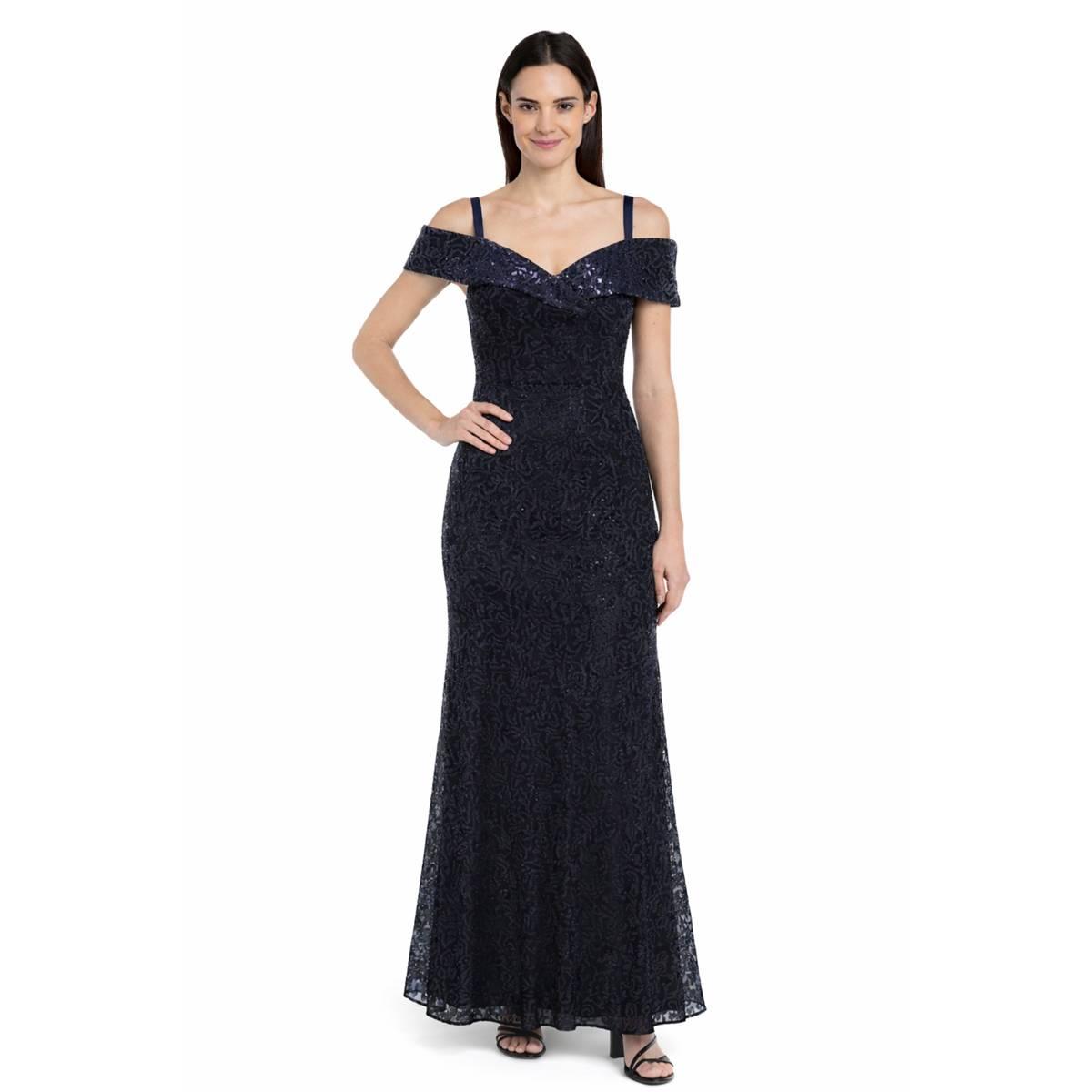 Petite R&M Richards Cold Shoulder Sweetheart Neck Sequin Gown
