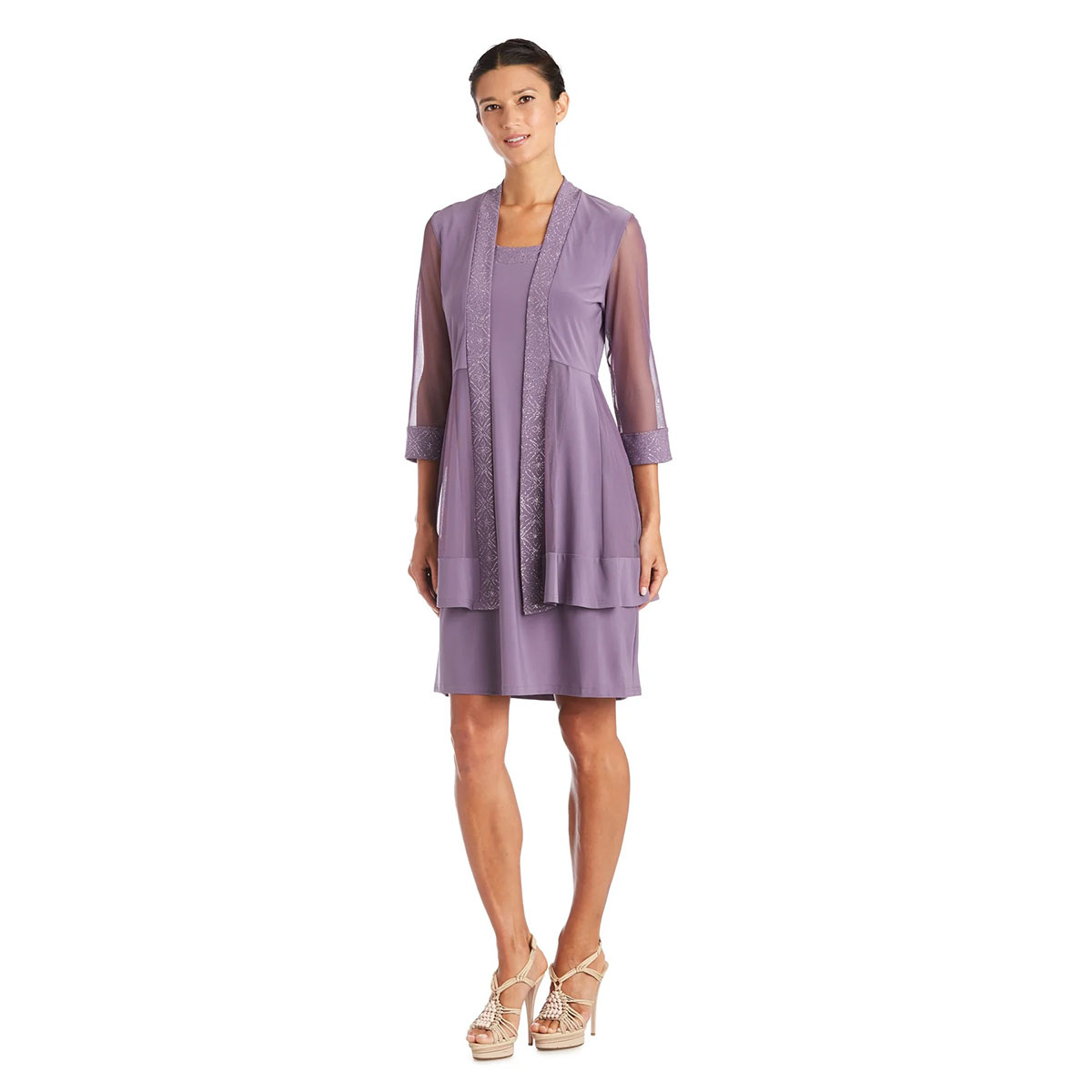 Petite R&M Richards 3/4 Sleeve Soft Sheer Pleated Jacket Dress