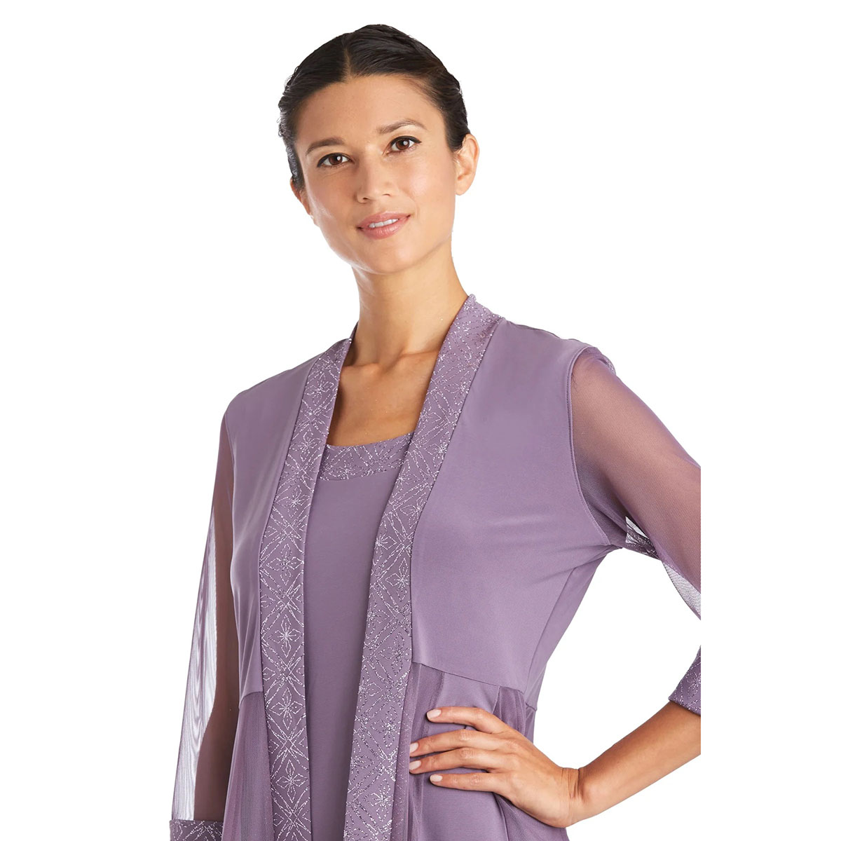 Petite R&M Richards 3/4 Sleeve Soft Sheer Pleated Jacket Dress