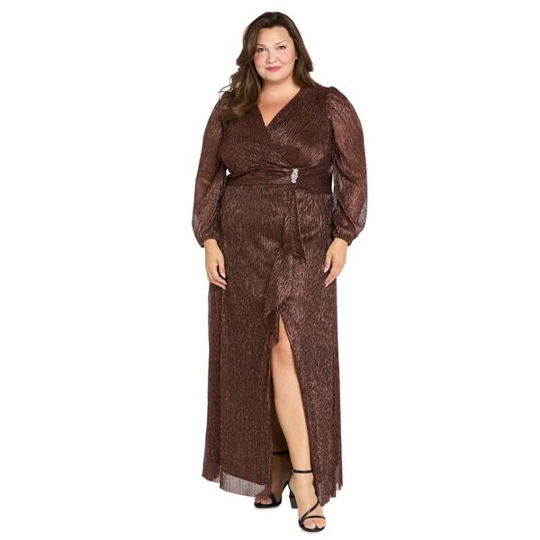 Plus Size R&M Richards Long Sleeve Crinkle Wrap Evening Gown