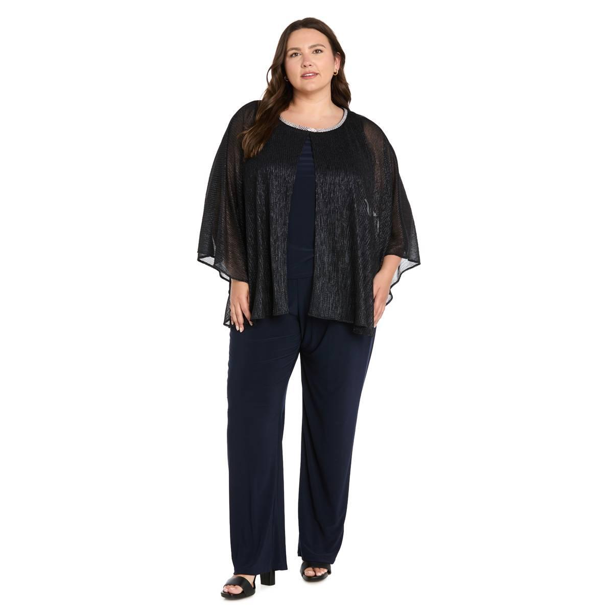 R & M Richards Plus Size Mock Neck Top and Pants, 2-Piece Set - Navy
