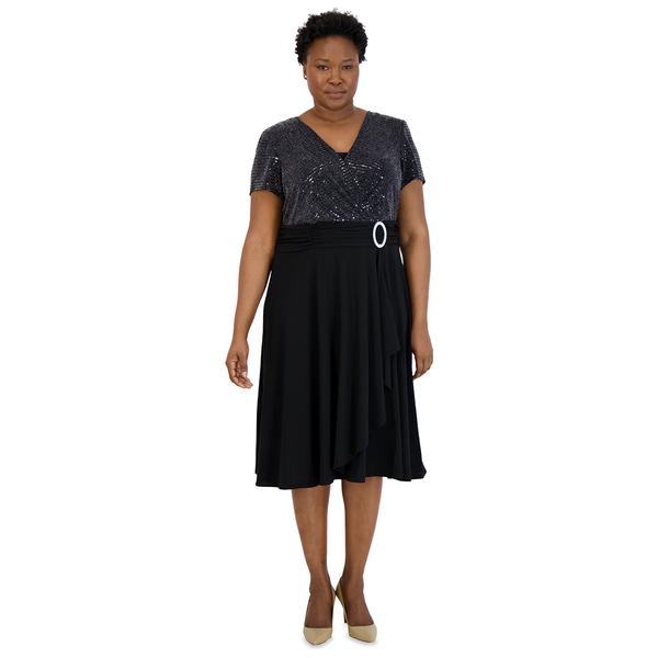 Plus Size R&M Richards Rhinestone Buckle Glitter Wrap Dress