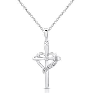 Natural Diamond Sterling Silver Cross Heart Pendant Necklace