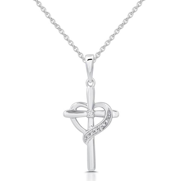 Natural Diamond Sterling Silver Cross Heart Pendant Necklace
