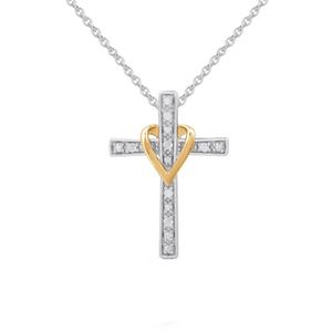 1/20ctw. Natural Diamond Two Tone Cross & Heart Pendant Necklace