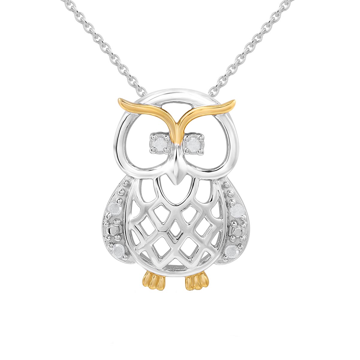 1/20ctw. Natural Diamond Two-Tone Owl Pendant Necklace