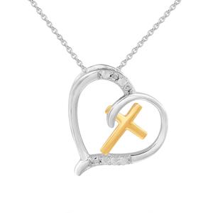 1/20ctw. Natural Diamond Two-Tone Heart Cross Pendant Necklace