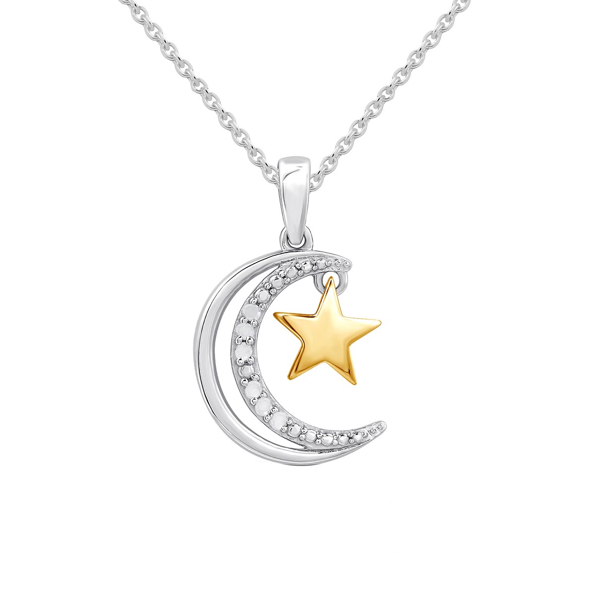 1/20ctw. Natural Diamond Two-Tone Moon & Star Pendant Necklace