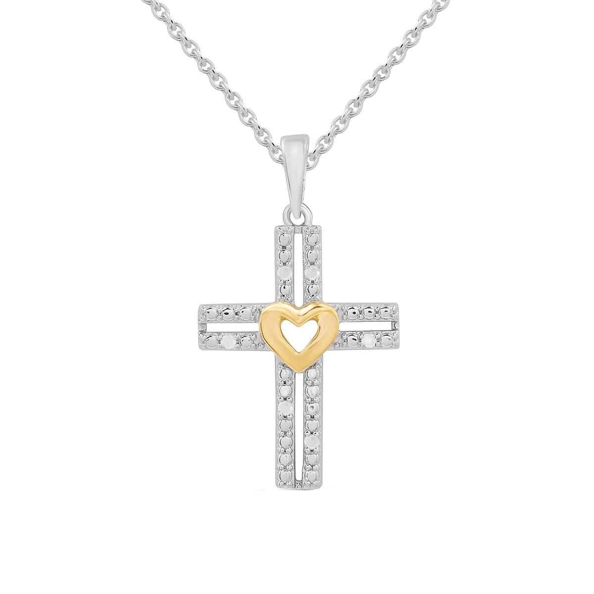 1/20ctw. Natural Diamond Two-Tone Cross Heart Pendant Necklace