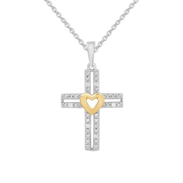 1/20ctw. Natural Diamond Two-Tone Cross Heart Pendant Necklace