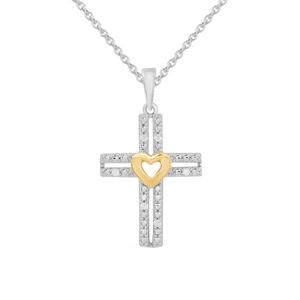 1/20ctw. Natural Diamond Two-Tone Cross Heart Pendant Necklace