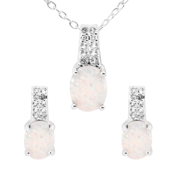 Marsala Lab Created White Sapphire & Opal Necklace & Earring Set
