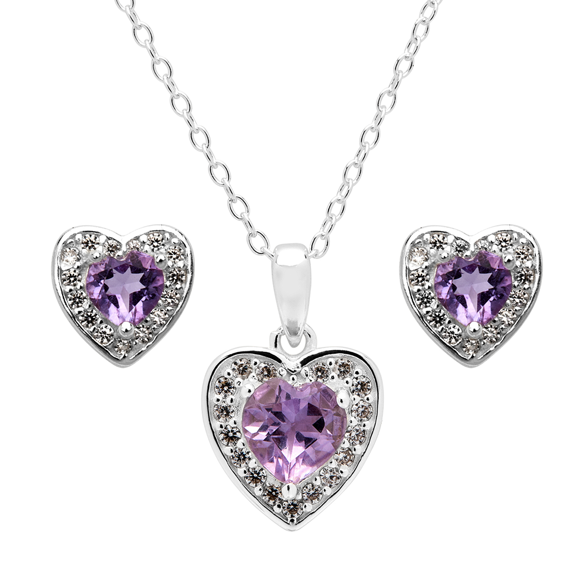 Marsala Amethyst & White Sapphire Heart Earrings & Necklace Set