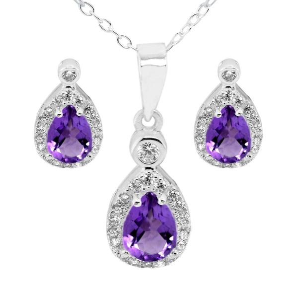 Marsala Pear Shape Genuine Amethyst & Clear CZ Set