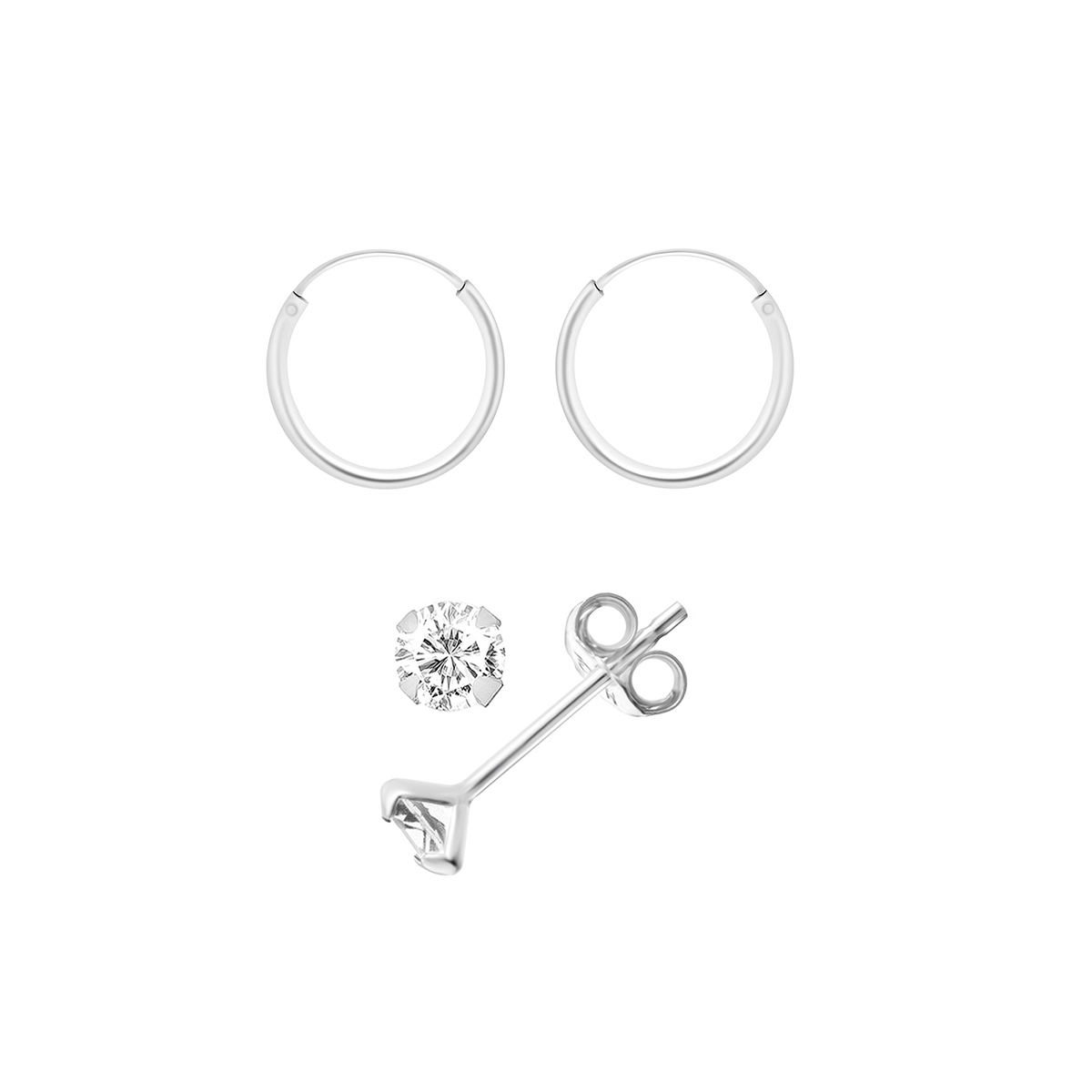 2pr. Sterling Silver Hoop And Stud Earrings Set