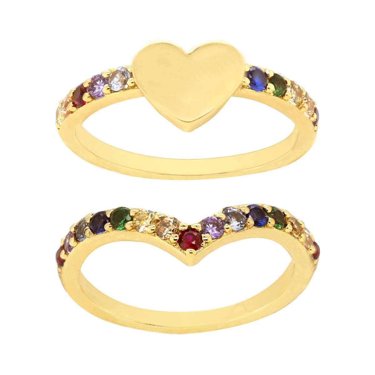 Marsala Gold-Tone Multicolor CZ Heart Ring Duo