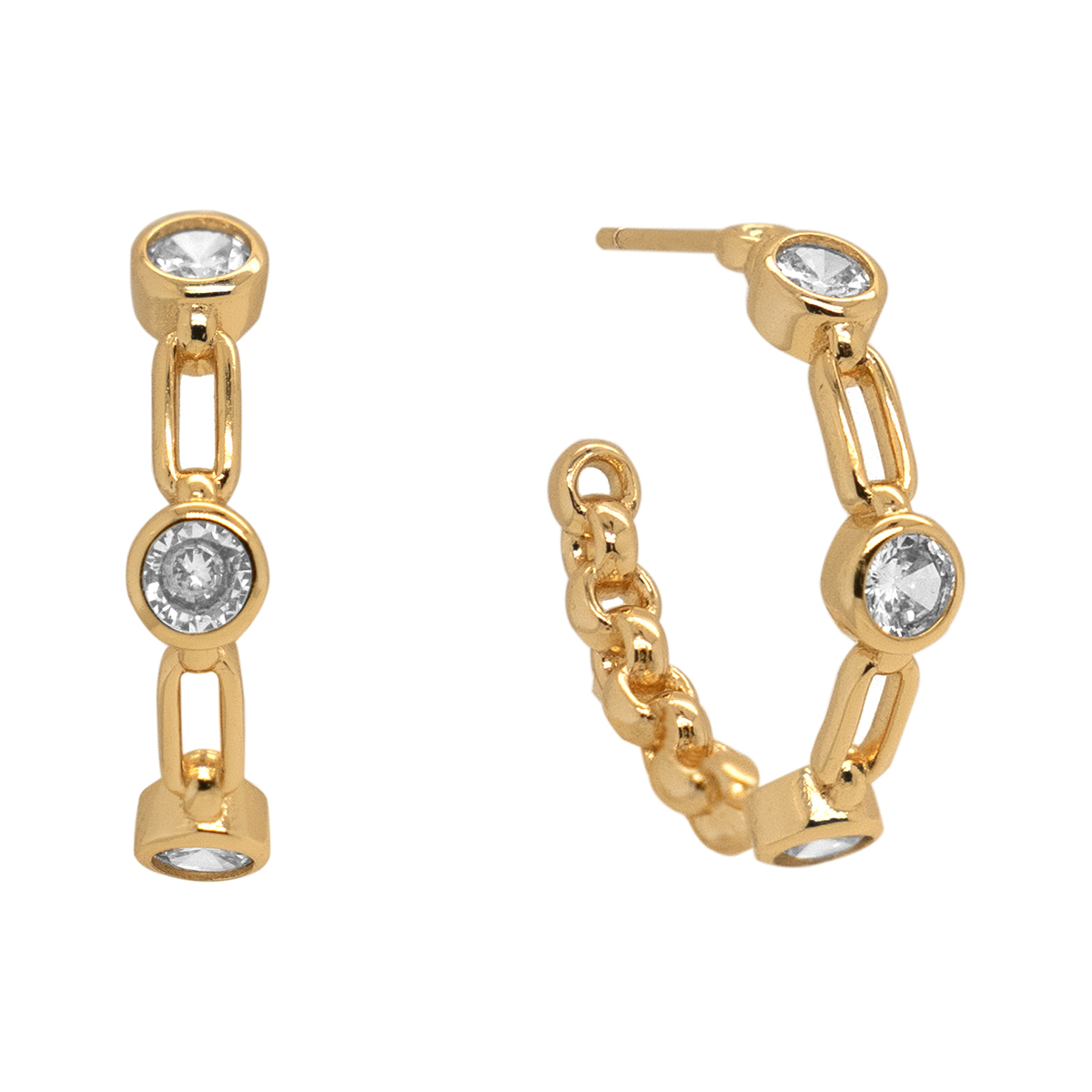 Marsala Gold Plated CZ Link C Hoop Post Earrings