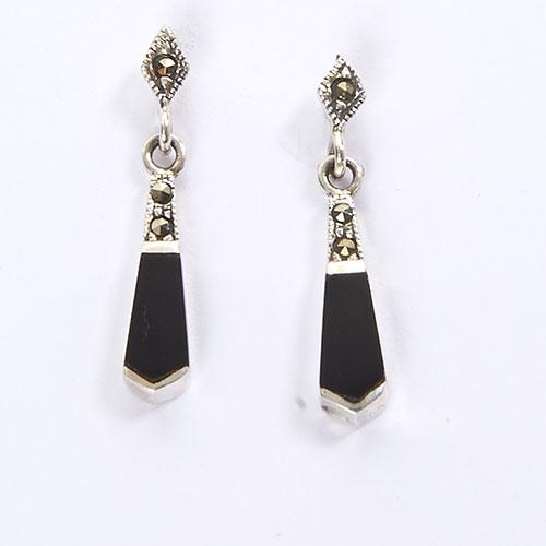 Marsala Fine Silver Plated Marcasite & Onyx Drop Earrings