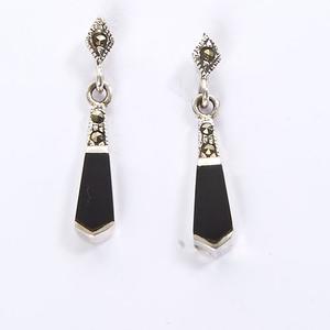 Marsala Fine Silver Plated Marcasite & Onyx Drop Earrings