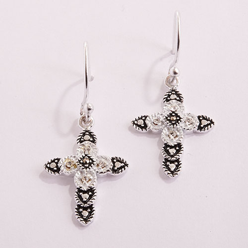 Marsala Fine Silver-Plated Marcasite Jet Fishhook Earrings