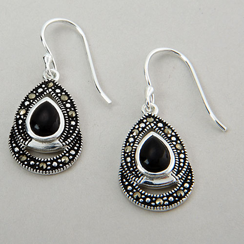 Marsala Silver Plate Marcasite Onyx Drop Earrings