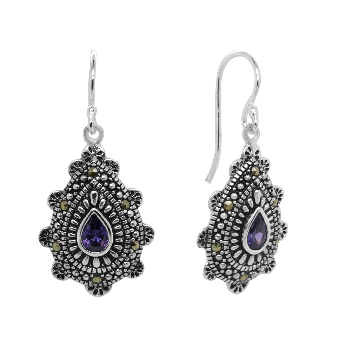 Marsala Marcasite Amethyst And CZ Drop Earrings