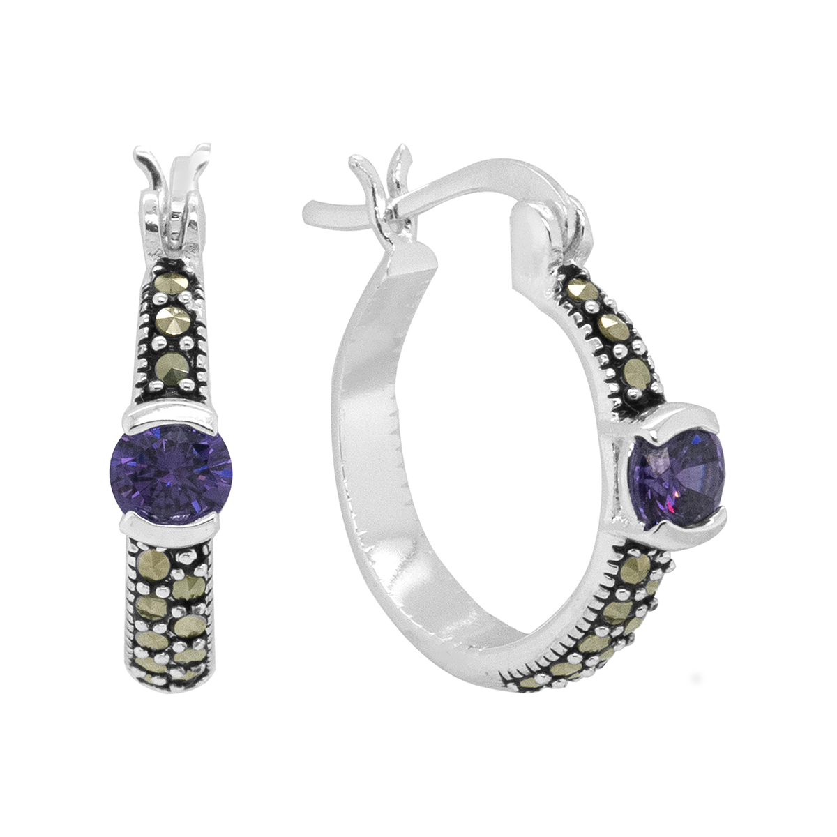 Marsala Genuine Marcasite Amethyst CZ Hoop Earrings