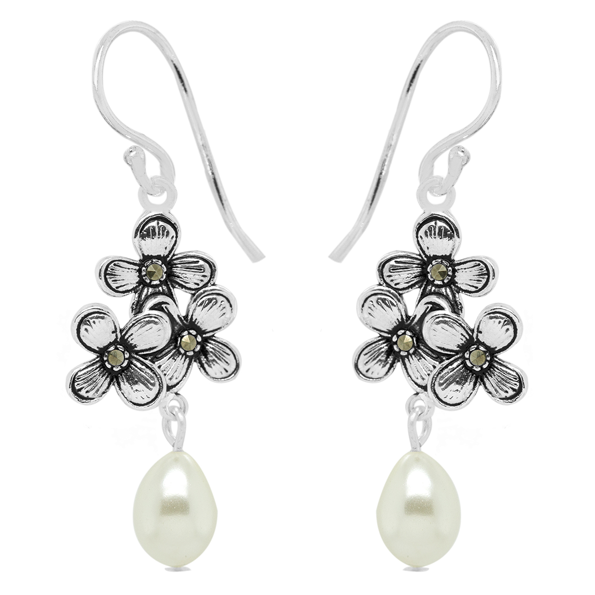 Marsala Marcasite Fresh Water Pearl Flower Dangle Earrings