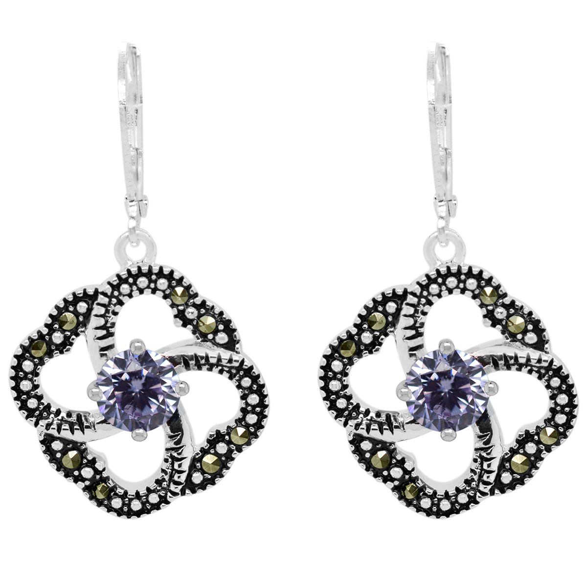 Marsala Genuine Marcasite Lavender CZ Flower Drop Earrings