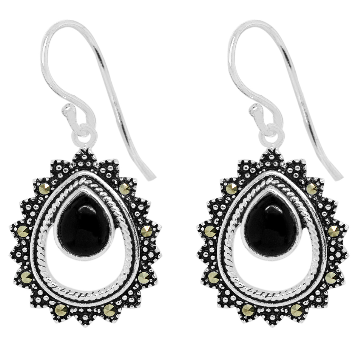 Marsala Genuine Marcasite Onyx Oval Pear Shape Dangle Earrings