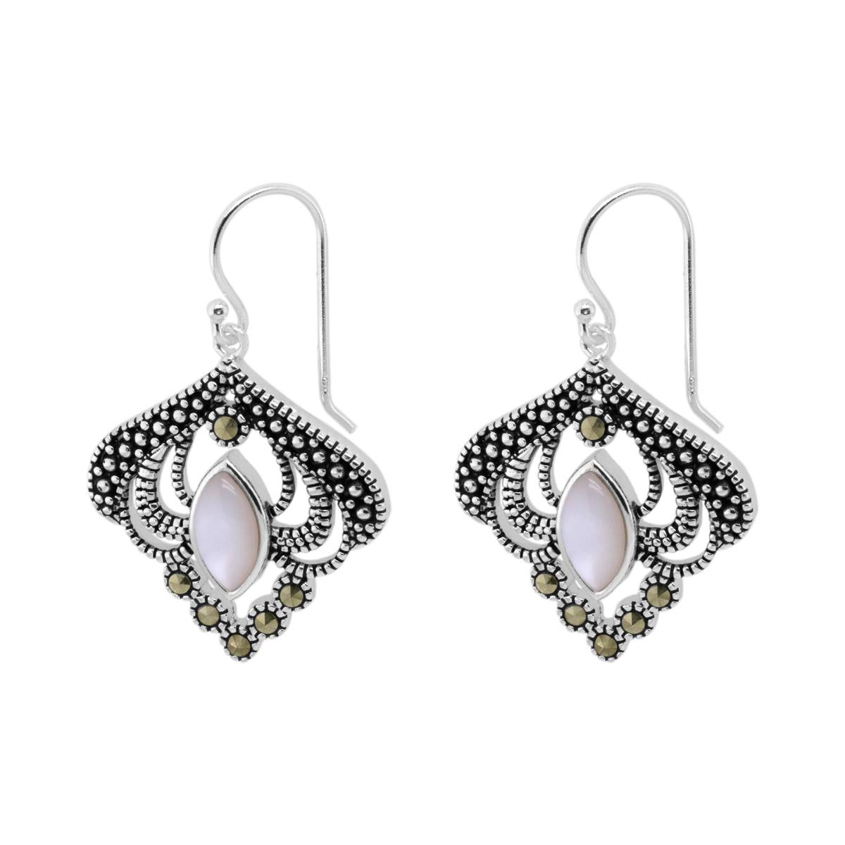 Marsala Genuine Marcasite Mother Of Pearl Fancy Drop Earrings