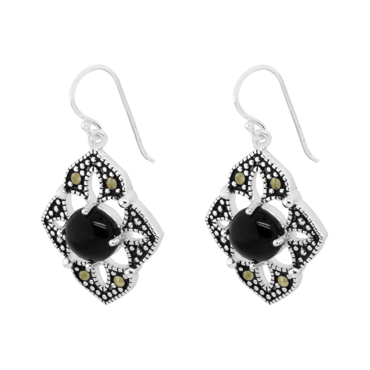 Marsala Genuine Marcasite & Onyx Fancy Drop Earrings