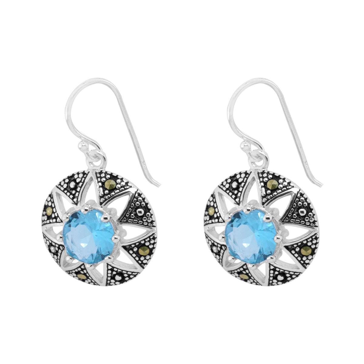 Marsala Genuine Marcasite & Aqua Glass Flower Drop Earrings