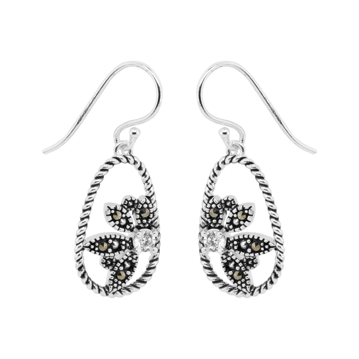 Marsala Marcasite & Clear CZ Flower Drop Earrings