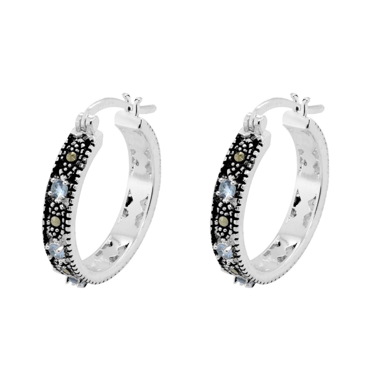 Marsala Genuine Marcasite Aqua CZ Click Hoop Earrings