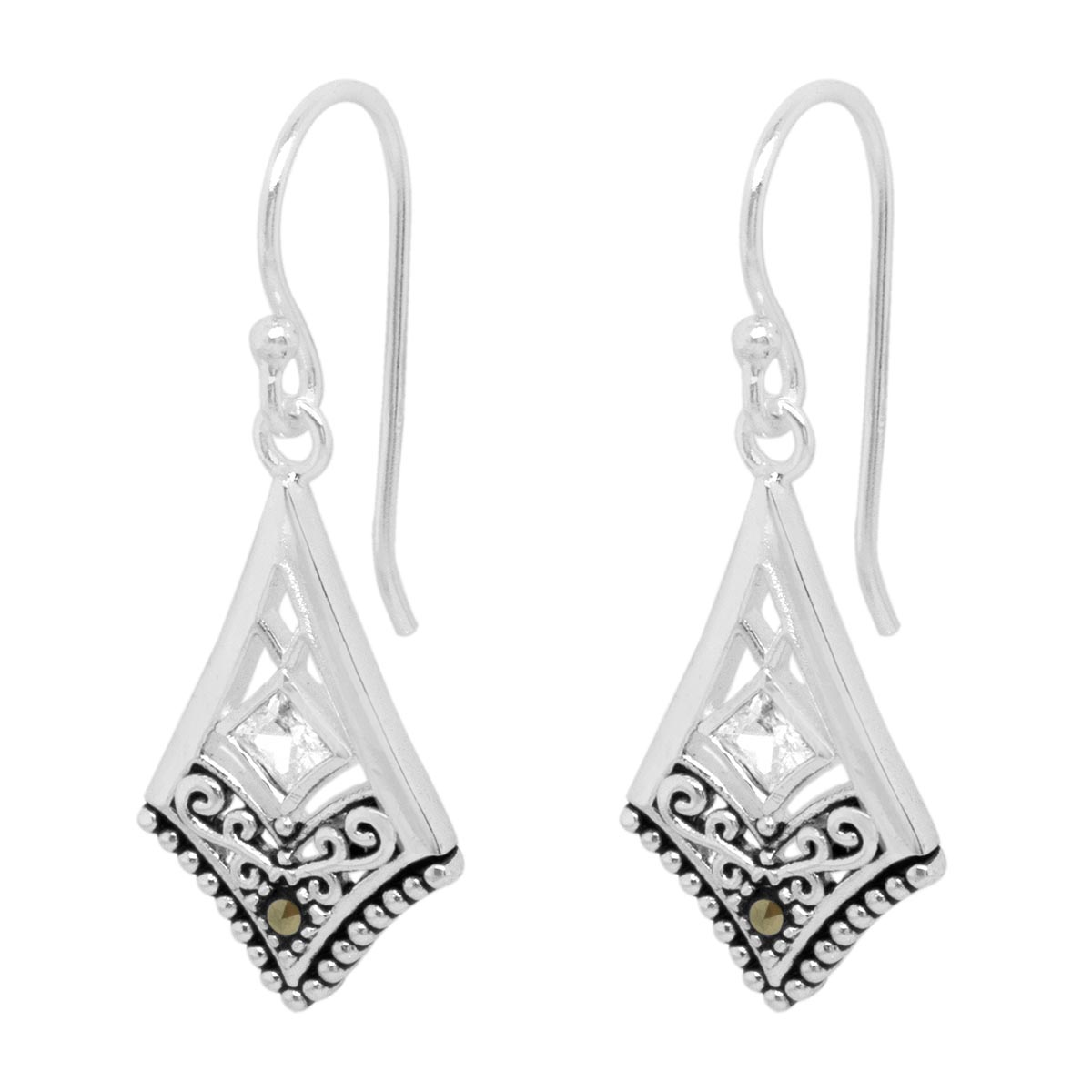 Fine Silver Plated Marcasite CZ Chevron Drop Earrings