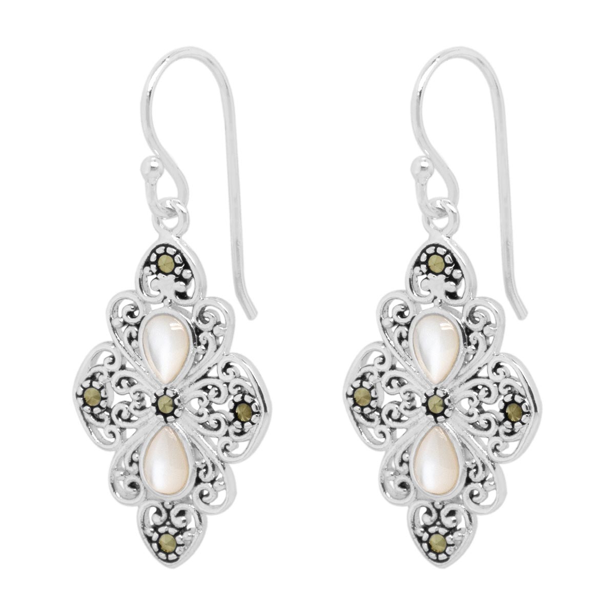 Fine Silver Plated Marcasite & Mother Of Pearl Drop Earrings