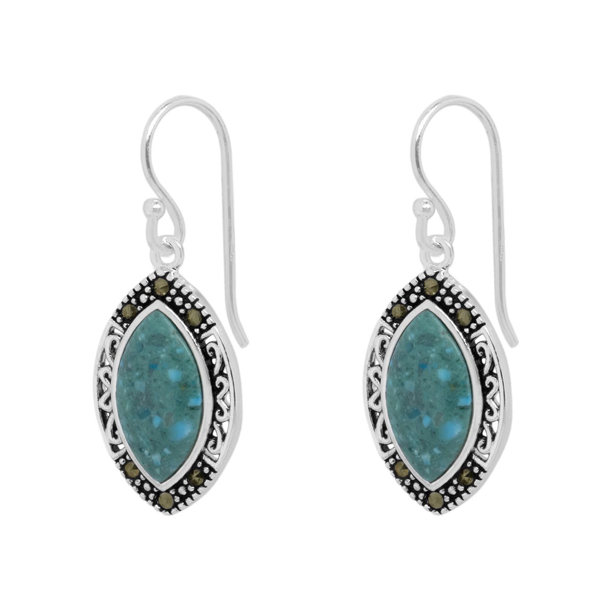 Silver Plated Marcasite & Reconstituted Turquoise Drop Earrings