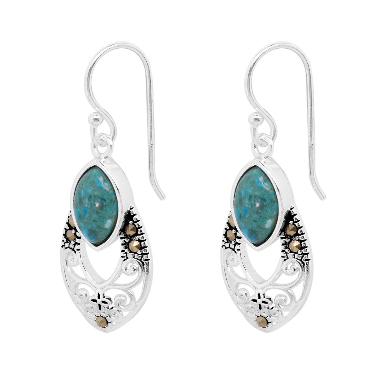 Marsala Silver Plated Marcasite & Turquoise Drop Earrings