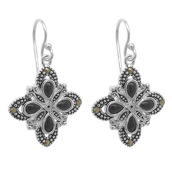 Marsala Silver Plated Marcasite & Onyx Inlay Drop Earrings