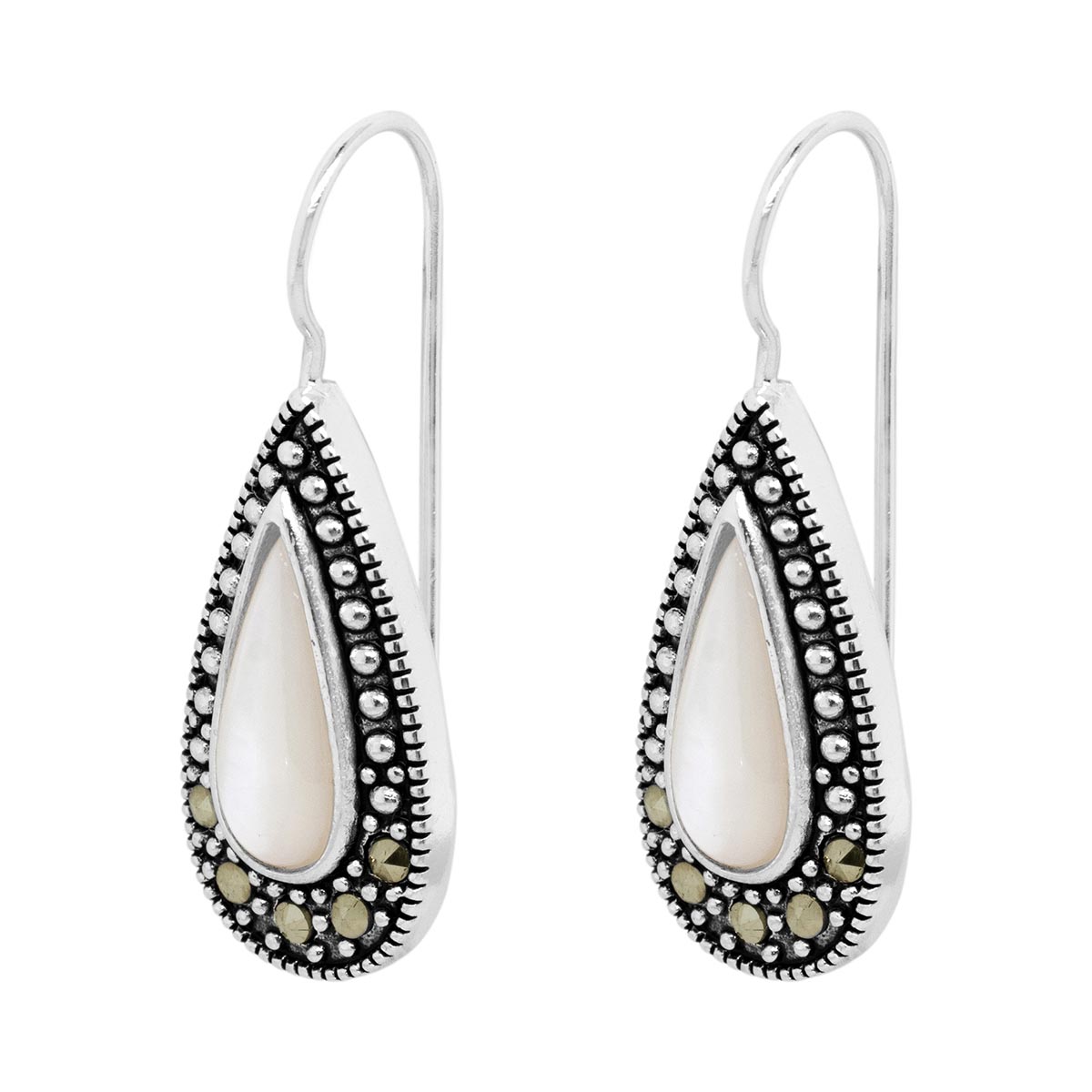 Marsala Silver Plated Marcasite & Mother Of Pearl Drop Earrings